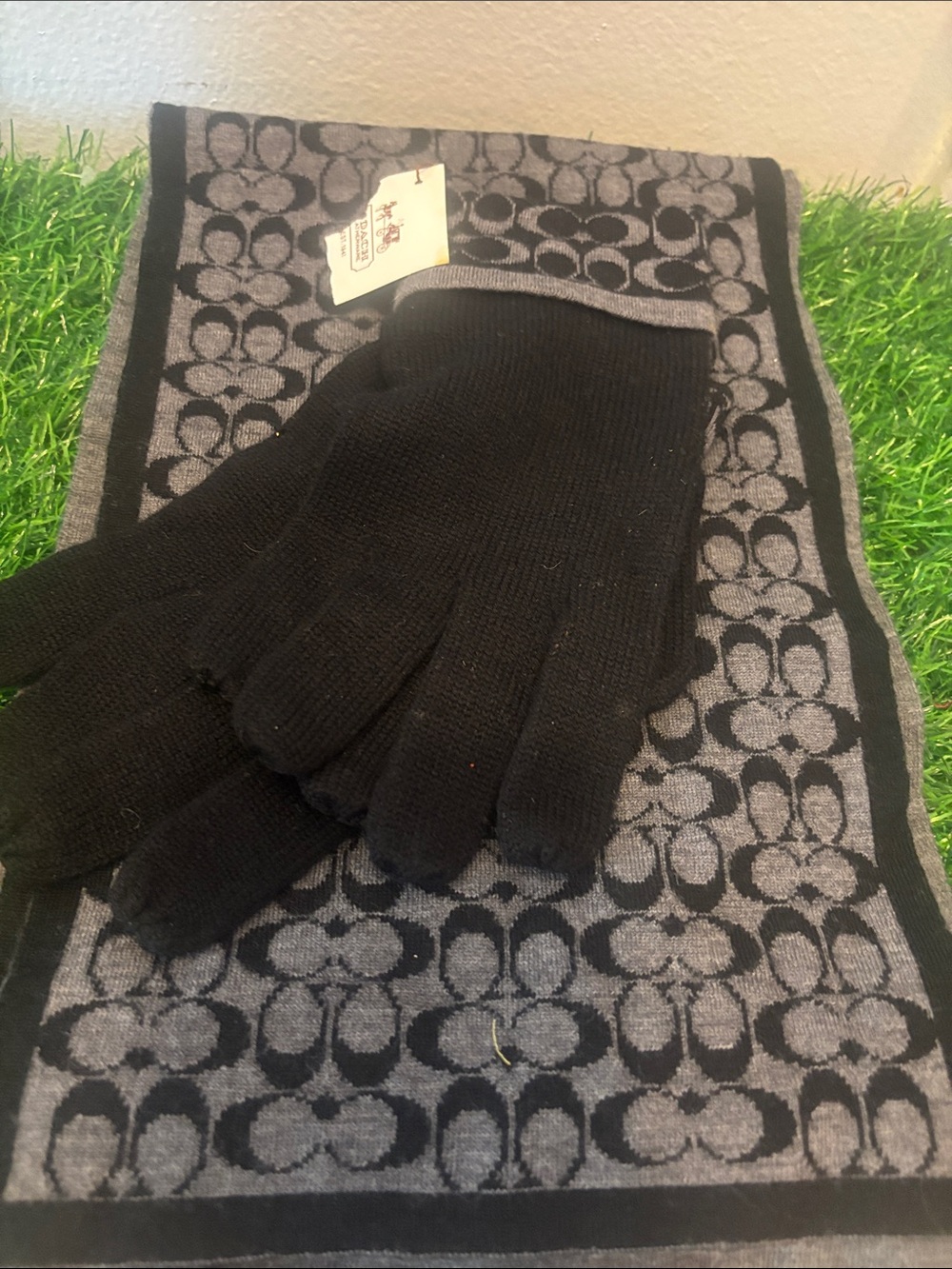Coach Men’s Black & Gray Signature Scarf with Black Knit Gloves